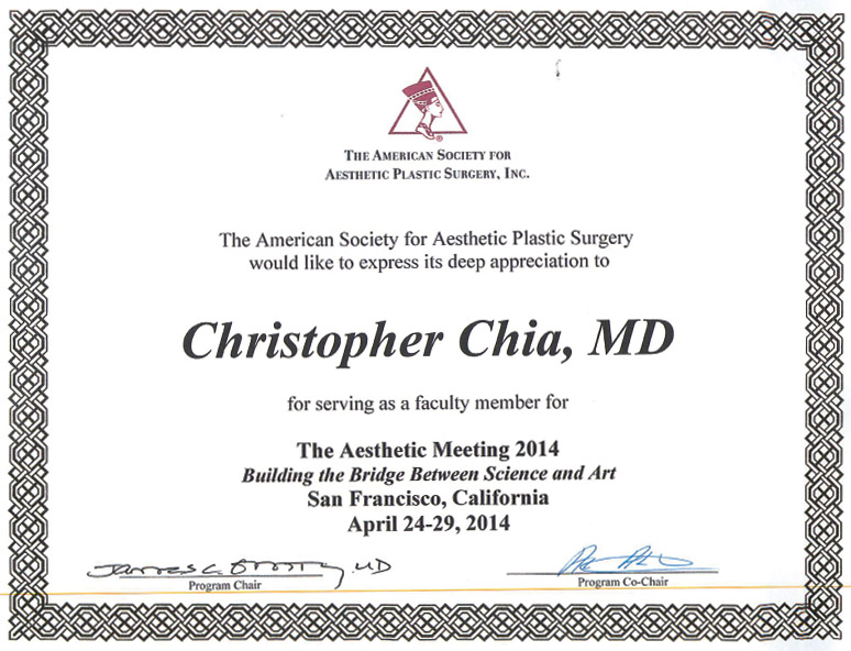 Dr Chia Honored for Serving as a Faculty Member at ASAPS Aesthetic Meeting 2014