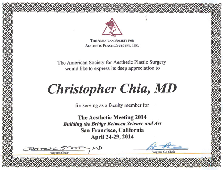 Dr Chia Honored for Serving as a Faculty Member at ASAPS Aesthetic Meeting 2014 Dr Chia Honored for Serving as a Faculty Member at ASAPS Aesthetic Meeting 2014