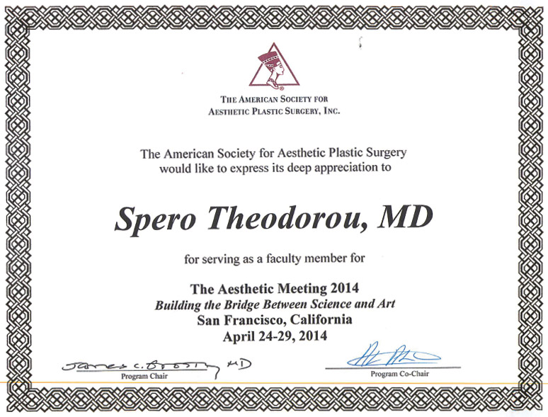 Dr Spero J Theodorou Honored for Serving as Faculty Member at ASAPS Aesthetic Meeting 2014